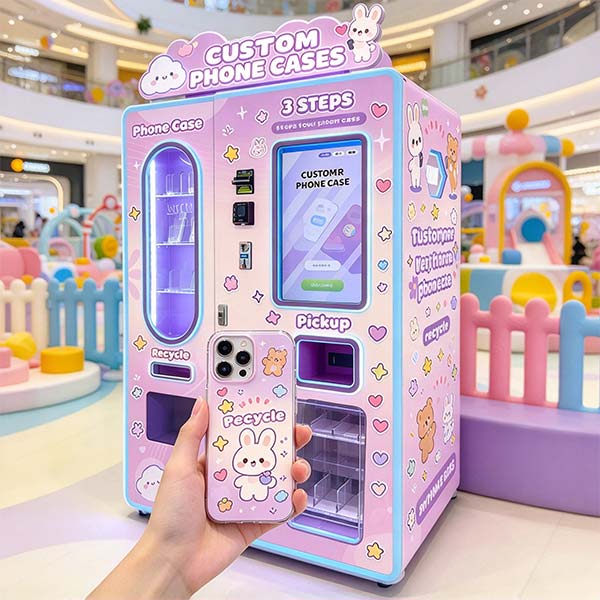 Close-up of WM880 phone case vending machine UV printing mechanism in operation