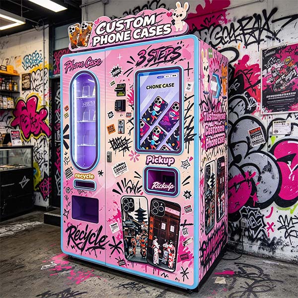 Young customer using the WM880 print your own phone case vending machine in a mall