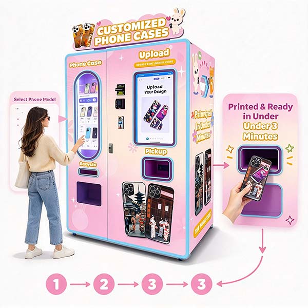Customers select their phone model, upload designs, and receive printed cases in under 3 minutes.