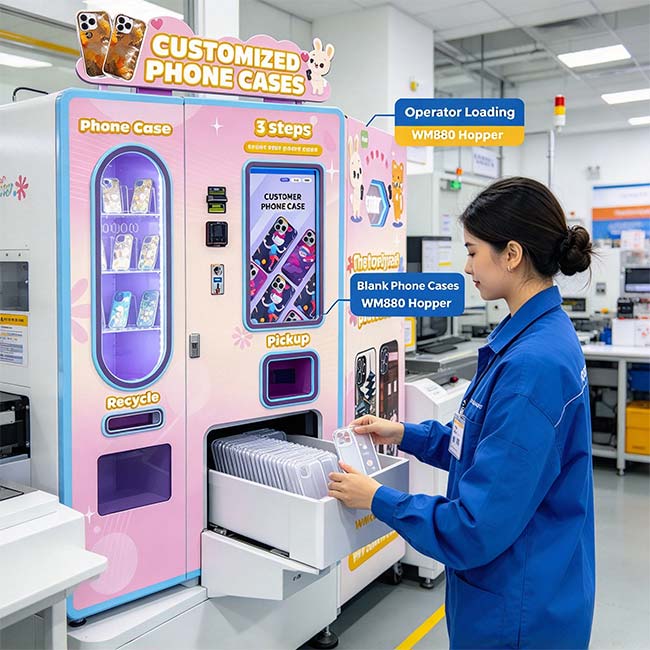 Operator loading blank phone cases into the WM880 vending machine hopper