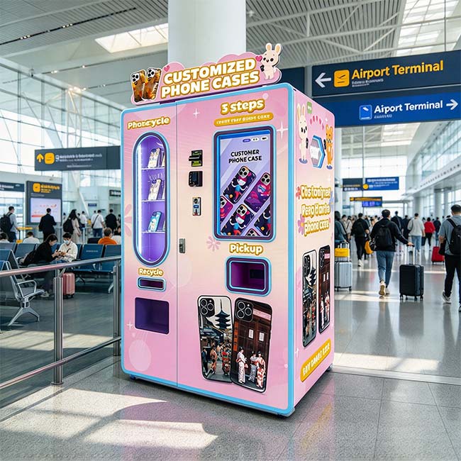 Phone case vending kiosk displayed in a crowded airport terminal waiting area