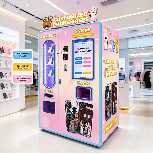 Wider Matrix WM880 phone case vending machine with touchscreen interface showing customization options