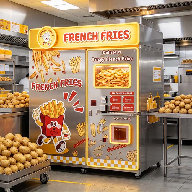 una cortadora eléctrica de papas fritas de acero inoxidable sobre la encimera de una cocina comercial, con papas crudas alineadas a un lado, y una iluminación brillante en el techo de la cocina