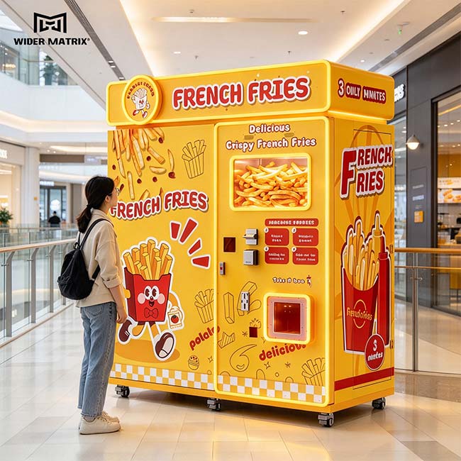 Una máquina expendedora de papas fritas WM888 ubicada en el pasillo luminoso y moderno de un centro comercial; un cliente observa la ventana transparente donde se cocinan las papas, y en su interior se ven las papas fritas calientes y doradas.