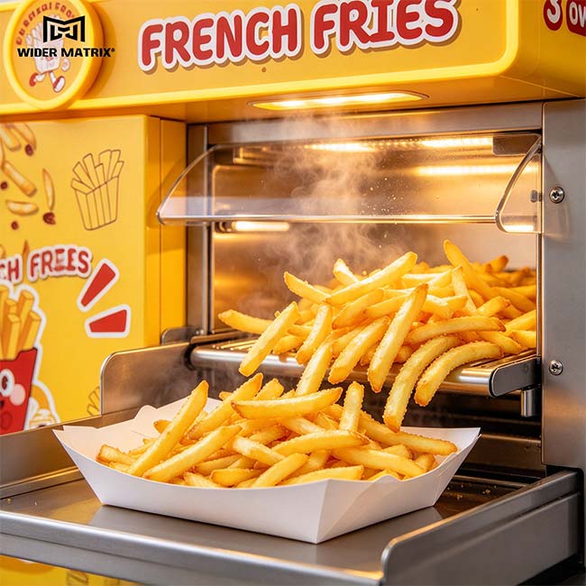 un primer plano de papas fritas doradas recién fritas que salen por la ventana transparente de la máquina WM888 y caen en un plato de papel, con vapor que se eleva y una iluminación cálida
