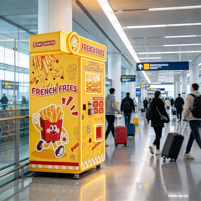 una máquina expendedora de papas fritas WM888 instalada en un pasillo muy transitado de la terminal de un aeropuerto, con viajeros que pasan con su equipaje, bajo la brillante iluminación fluorescente del aeropuerto