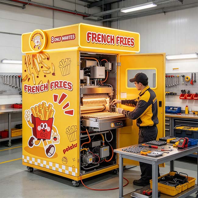 un técnico realizando mantenimiento de rutina en los componentes internos de una máquina para hacer papas fritas modelo WM888; piezas de repuesto y herramientas dispuestas sobre un banco de trabajo; iluminación del taller