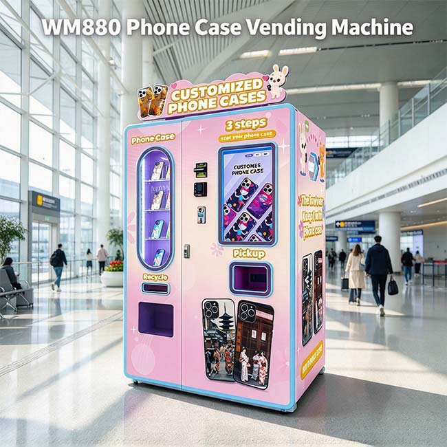 una máquina expendedora blanca de fundas para celular WM880 ubicada en el luminoso vestíbulo de la terminal del aeropuerto, con su pantalla táctil de 21.5 pulgadas iluminada por una cuadrícula de diseños coloridos de fundas para celular, mientras los pasajeros pasan junto a ella con pasos suaves—