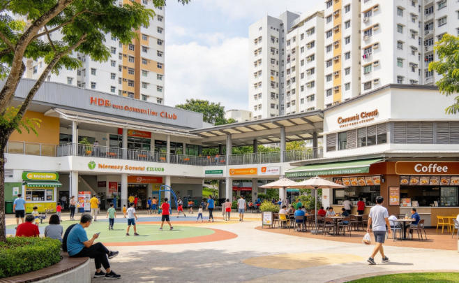 مراكز المدن التابعة لهيئة الإسكان (HDB)، والنوادي المجتمعية، ومراكز الباعة المتجولين